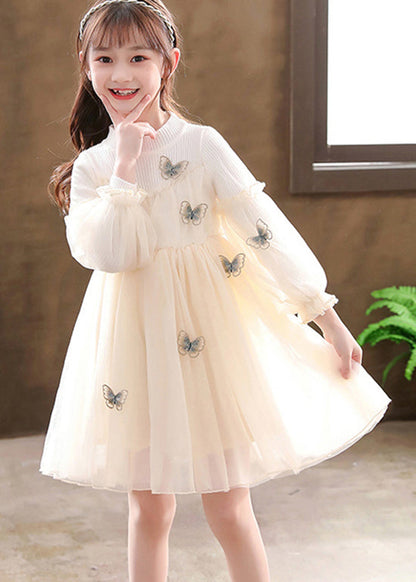 Apricot Patchwork Tulle Kids Dresses Wrinkled Butterfly Fall
