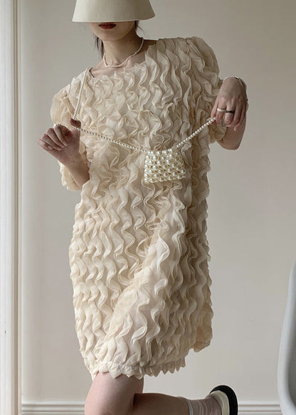 Apricot Patchwork Tulle Mid Dress Ruffled O-neck Puff Sleeve