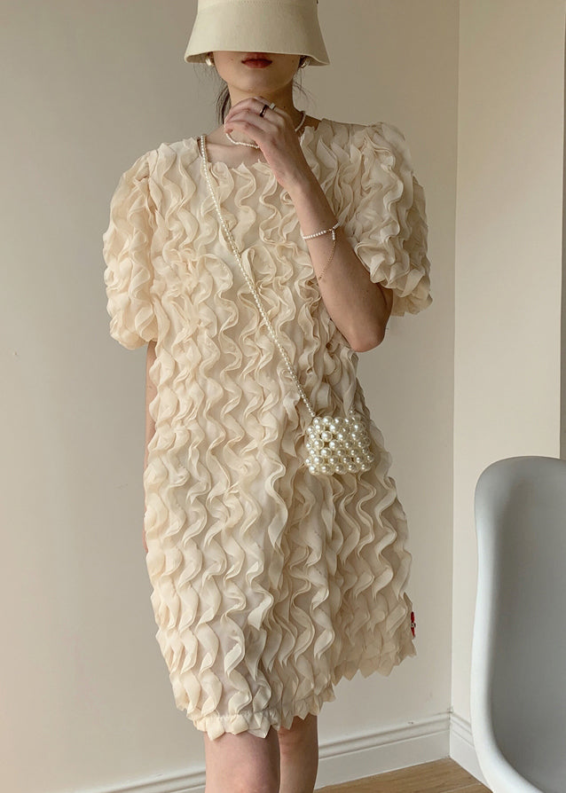 Apricot Patchwork Tulle Mid Dress Ruffled O-neck Puff Sleeve
