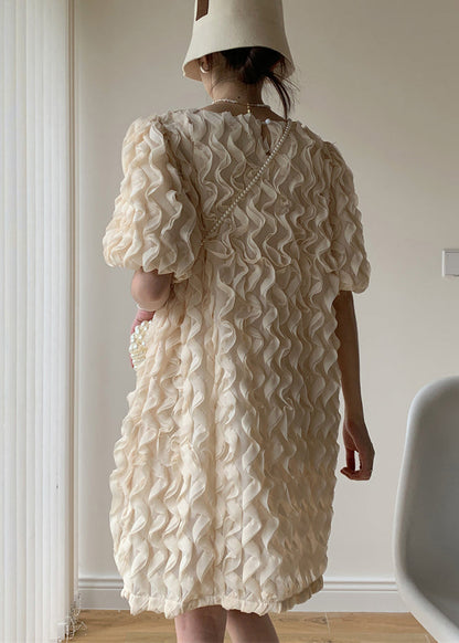 Apricot Patchwork Tulle Mid Dress Ruffled O-neck Puff Sleeve