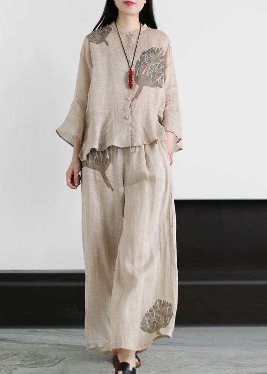 Apricot Pocket Linen Tops and Wide Leg Pants Two Piece Set Clothing Ruffles Flare Sleeve