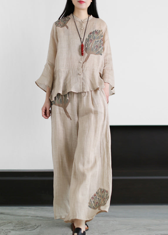 Apricot Pocket Linen Tops and Wide Leg Pants Two Piece Set Clothing Ruffles Flare Sleeve