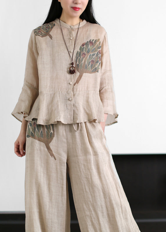 Apricot Pocket Linen Tops and Wide Leg Pants Two Piece Set Clothing Ruffles Flare Sleeve