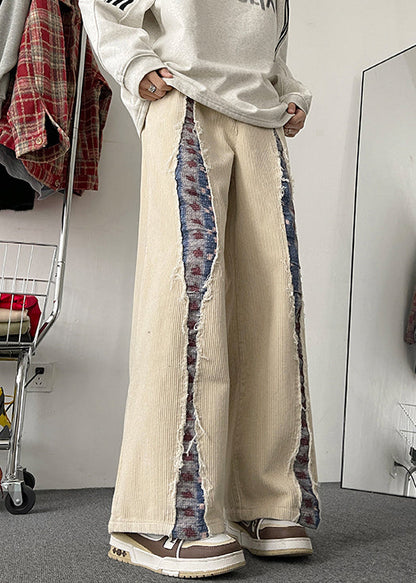 Apricot Pockets Patchwork Corduroy Wide Leg Pants Elastic Waist