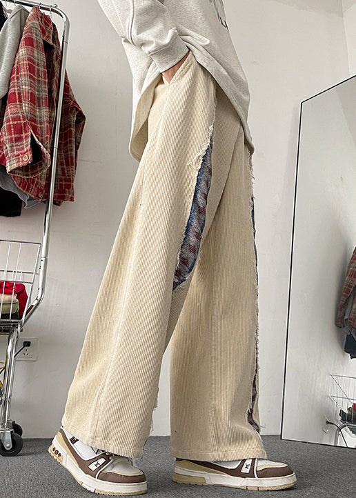 Apricot Pockets Patchwork Corduroy Wide Leg Pants Elastic Waist