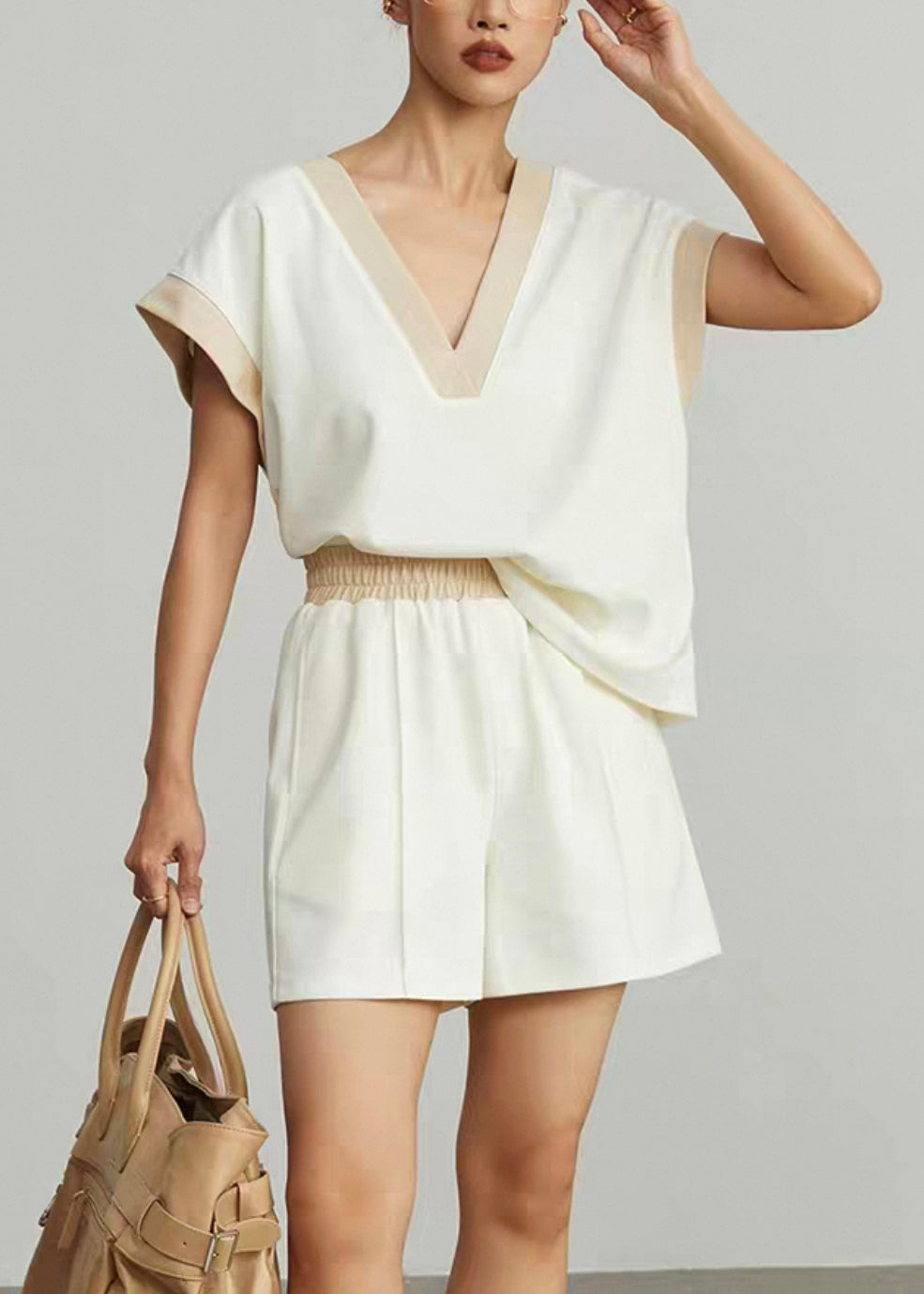 Apricot Pockets T Shirt and Shorts Cotton Summer Two Pieces Set V Neck