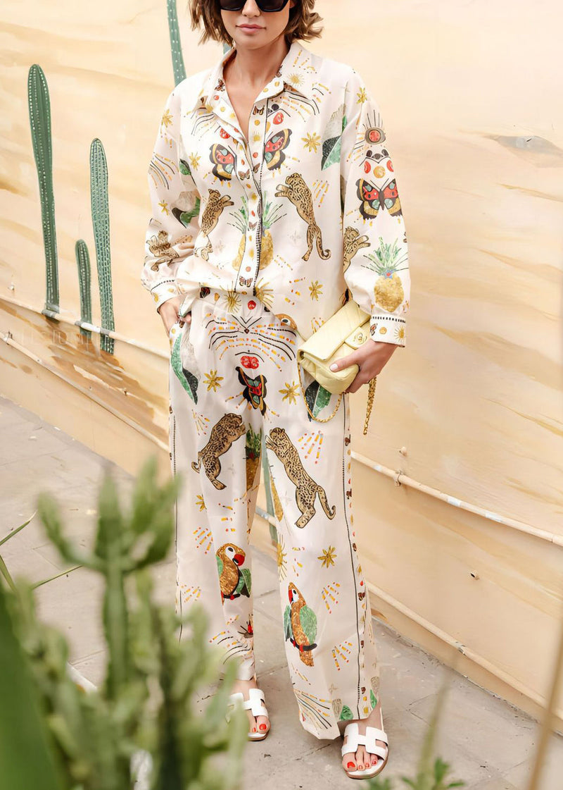 Apricot Print Button Shirts and Straight Pants Two-piece Set Lantern Sleeve