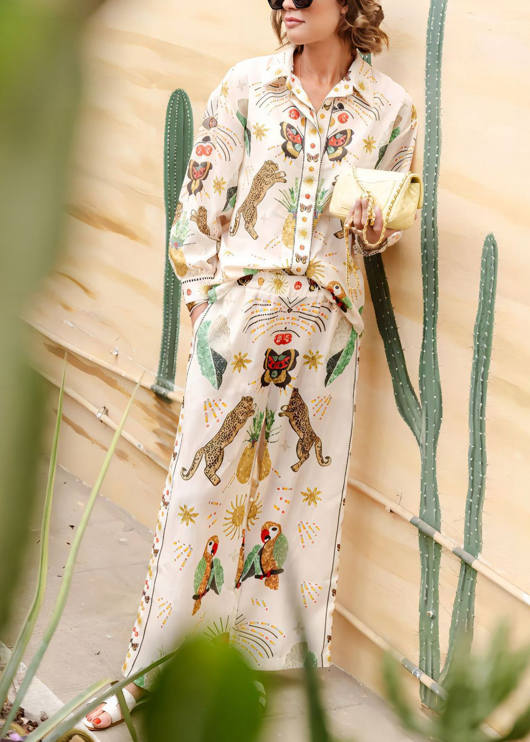 Apricot Print Button Shirts and Straight Pants Two-piece Set Lantern Sleeve