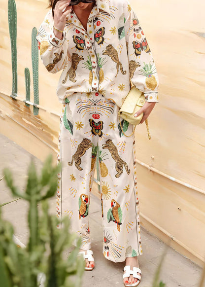 Apricot Print Button Shirts and Straight Pants Two-piece Set Lantern Sleeve
