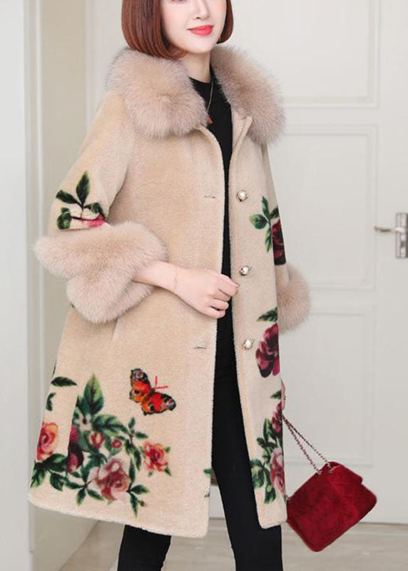 Apricot Print Button Thick Winter Long Sleeve Coat