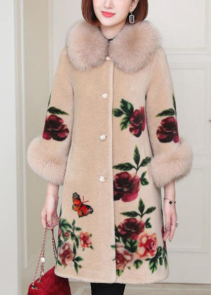 Apricot Print Button Thick Winter Long Sleeve Coat