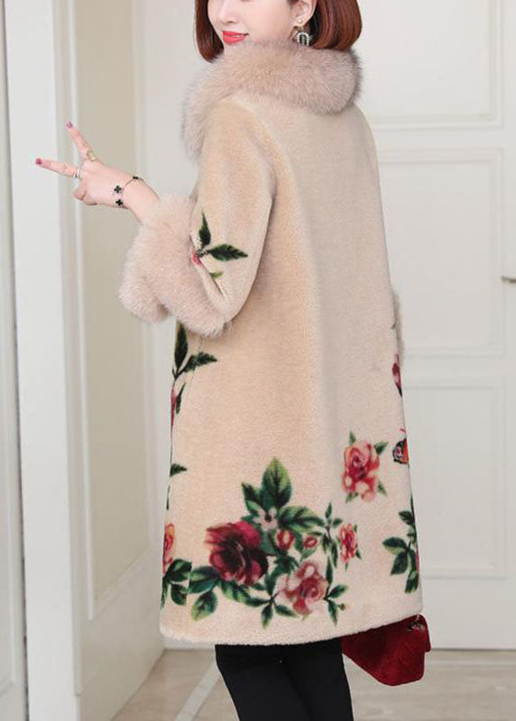 Apricot Print Button Thick Winter Long Sleeve Coat