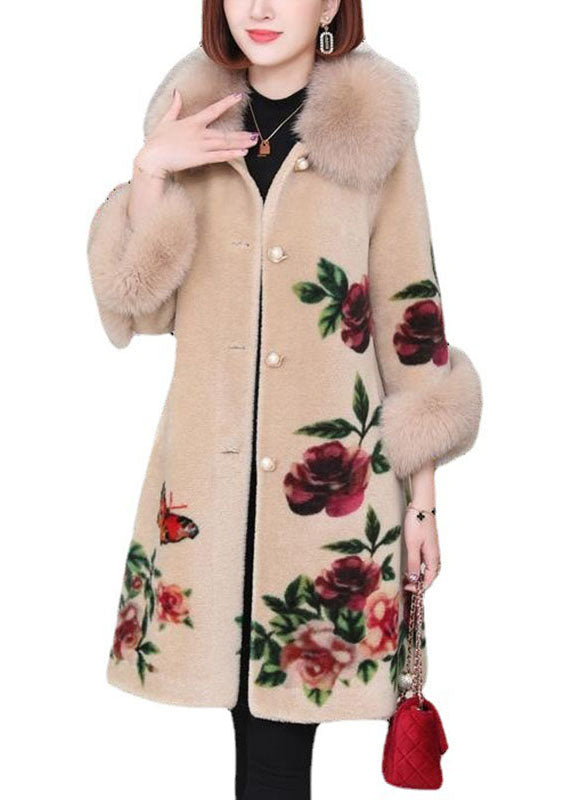 Apricot Print Button Thick Winter Long Sleeve Coat