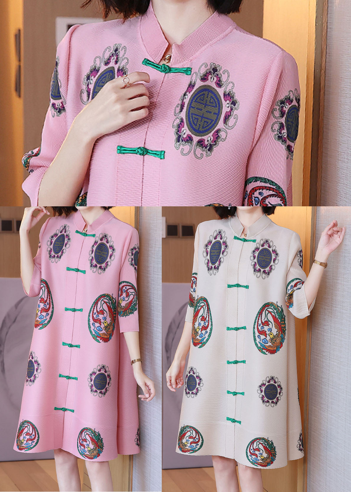Apricot Print Chiffon a Line Dresses Oriental Button Half Sleeve