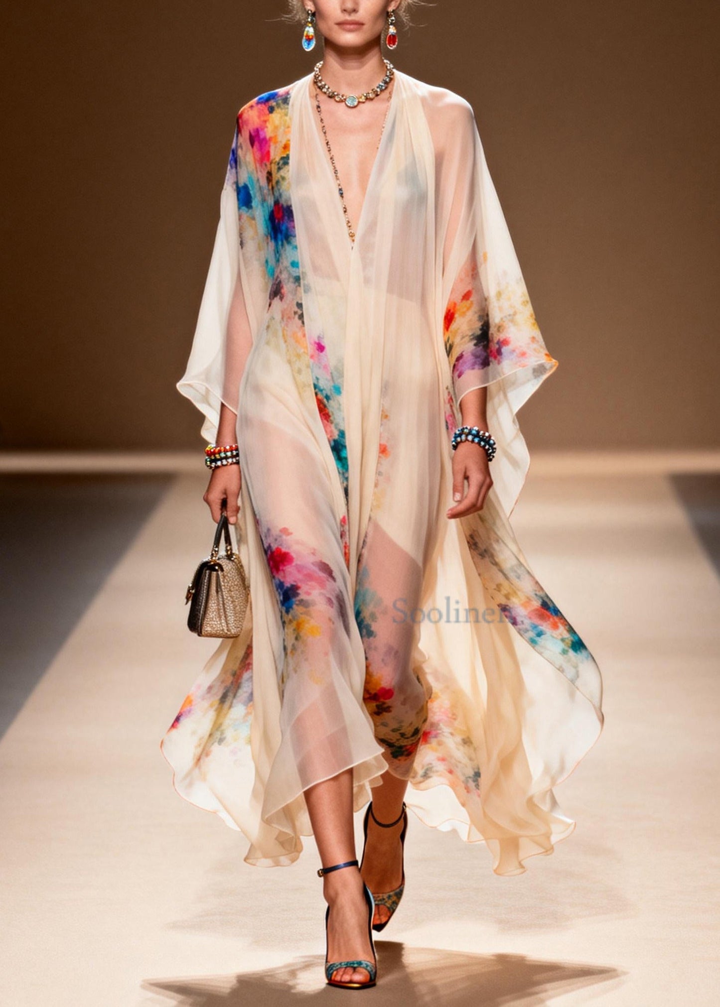 Apricot Print Chiffon Long Dresses Oversized Summer