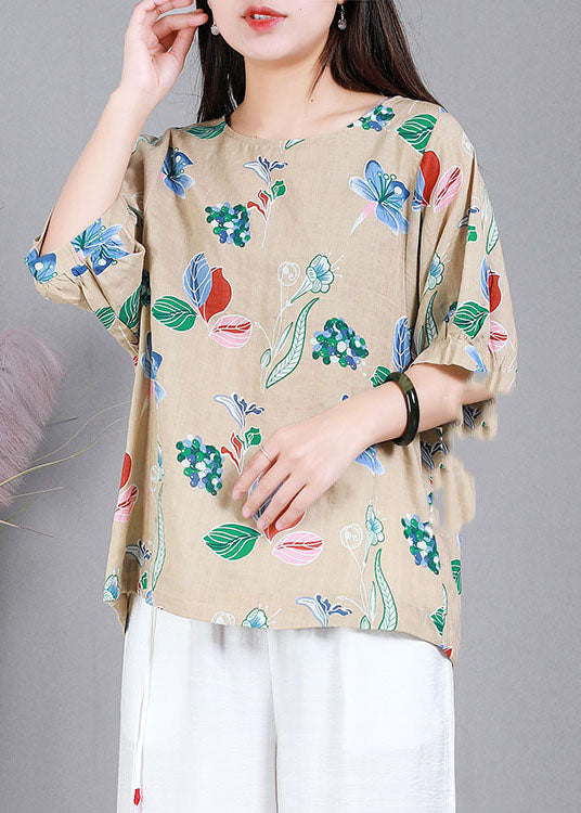 Apricot Print Cotton Original Design Shirts O-neck Half Sleeve