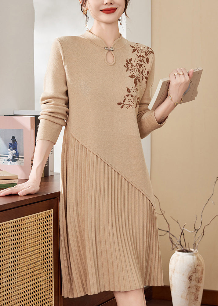Apricot Print Ptchwork Hollow Out Cotton Knit Maxi Sweater Dress Spring