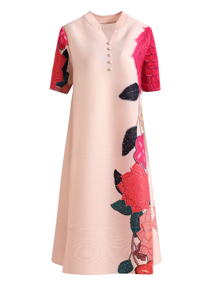 Apricot Print Silk a Line Dress Stand Collar Wrinkled Short Sleeve