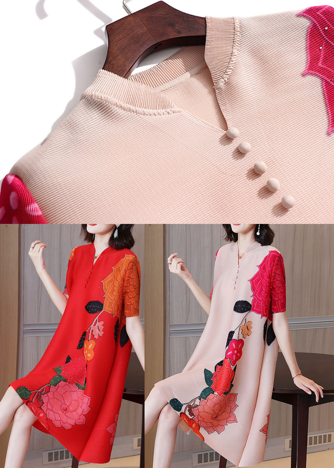 Apricot Print Silk a Line Dress Stand Collar Wrinkled Short Sleeve