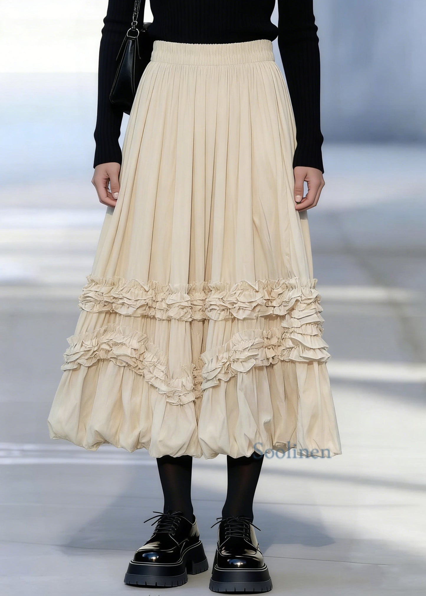 Apricot Ruffled Patchwork Elastic Waist Maxi Skirts