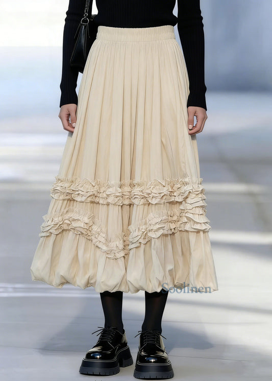 Apricot Ruffled Patchwork Elastic Waist Maxi Skirts