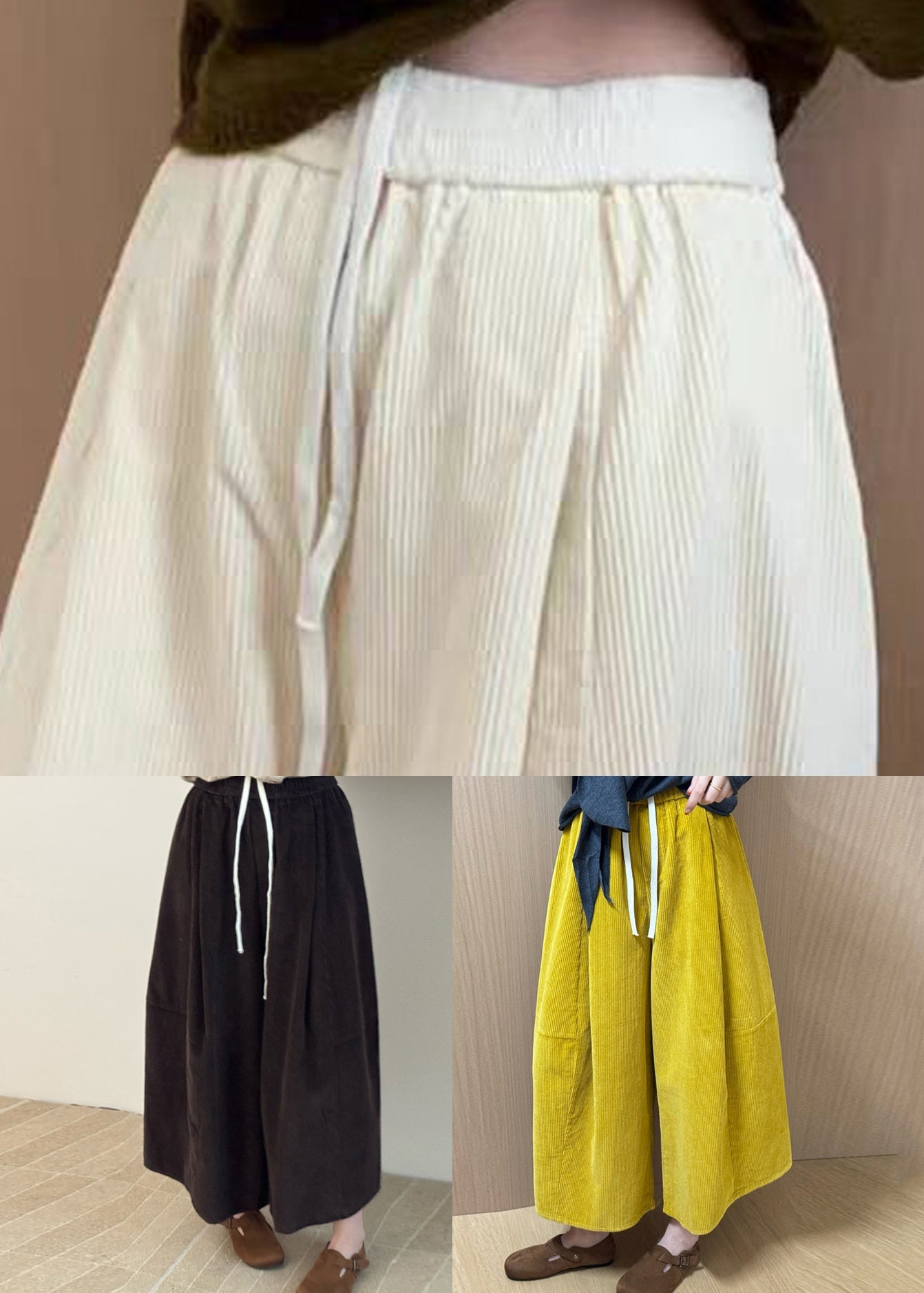 Apricot Corduroy Wide Leg Pants Drawstring