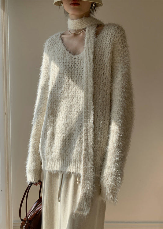 Apricot Cozy Cotton Knit Spring Sweater V Neck