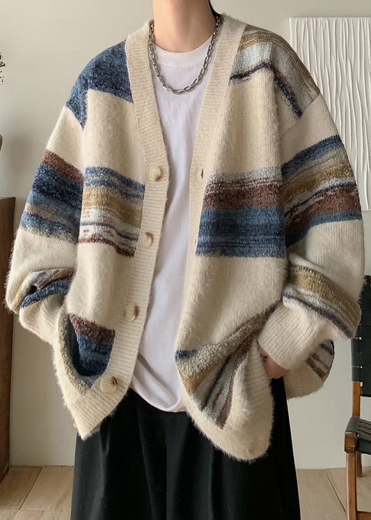 Apricot Striped Button Cozy Knit Coat V Neck
