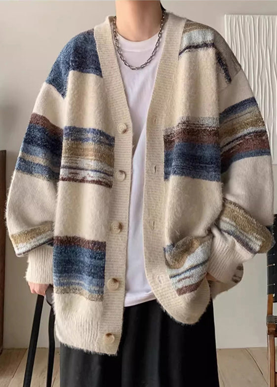 Apricot Striped Button Cozy Knit Coat V Neck