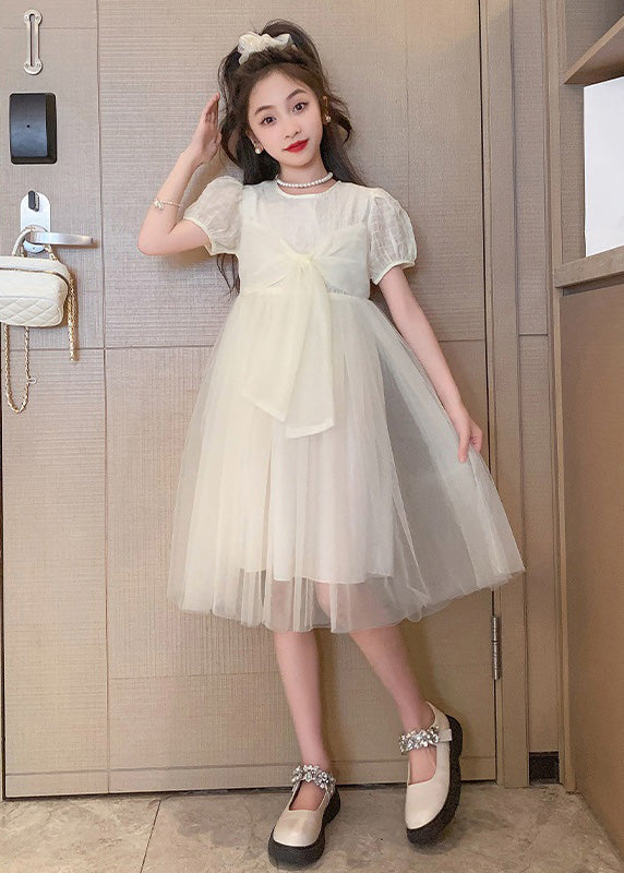 Apricot Striped Patchwork Tulle Maxi Dress Puff Sleeve