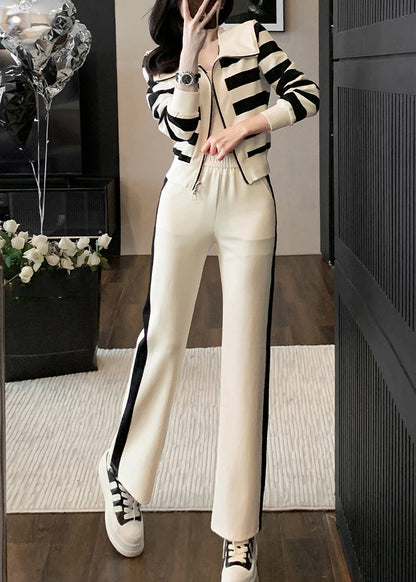 Apricot Striped Zippered Cotton Tops and Pants Sport Suit Spring