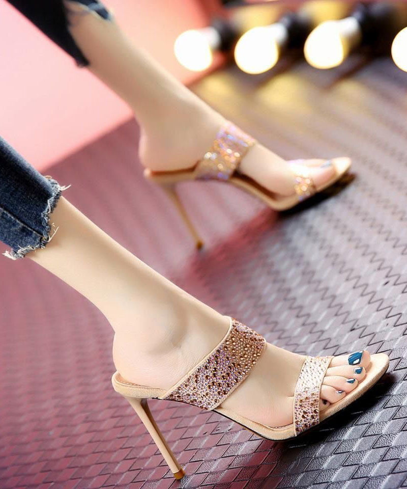 Apricot Zircon Stiletto Peep Toe High Heel Slippers