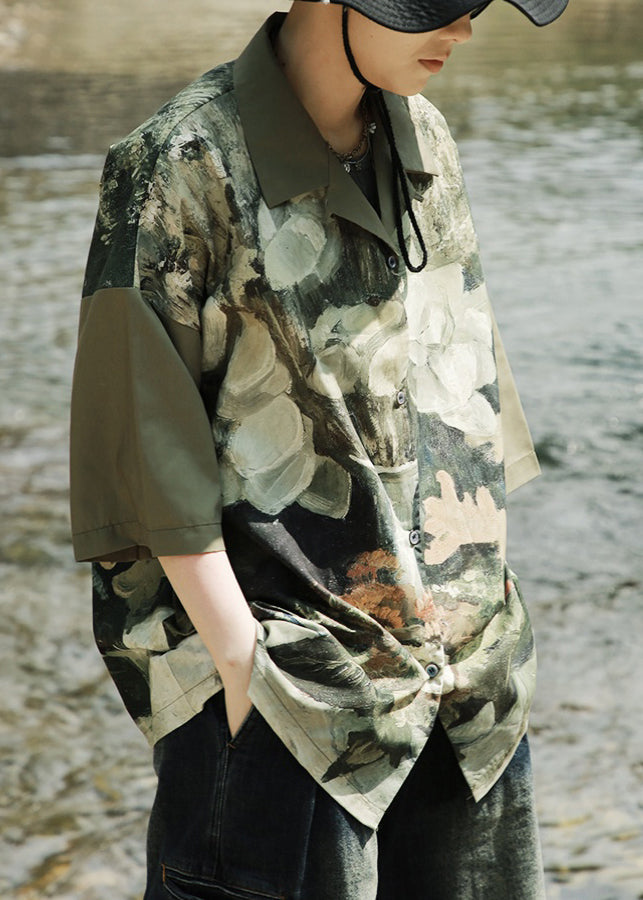 Army Green Cuban Collar Retro Shirt Short Sleeved