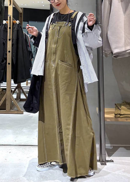 Army Green Denim Cami Dresses Oversized Pockets Summer
