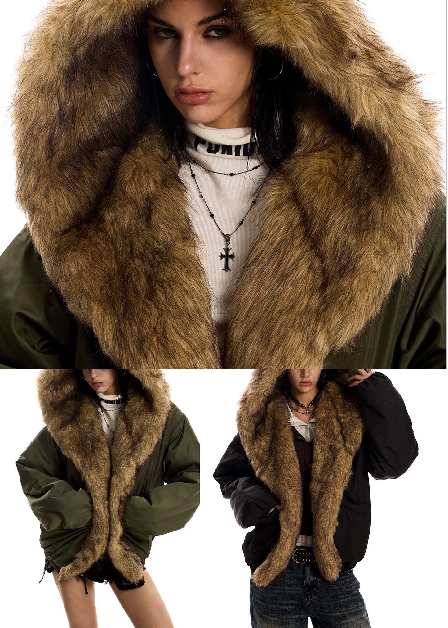 Army Green Faux Fur Cotton Filled Jacket Oversized Hooded Winter