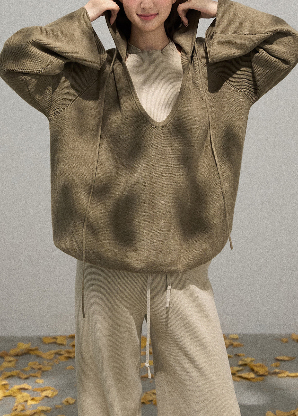 Army Green Knit Pullover V Neck Hooded Fall