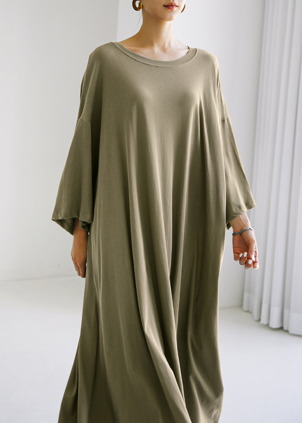 Army Green O-neck Cotton Maxi Dress Long Sleeve