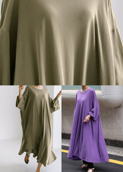 Army Green O-neck Cotton Maxi Dress Long Sleeve