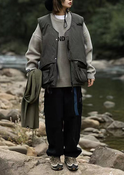 Army Green Oversized Pockets Fine Cotton Filled Vests Clothing Winter