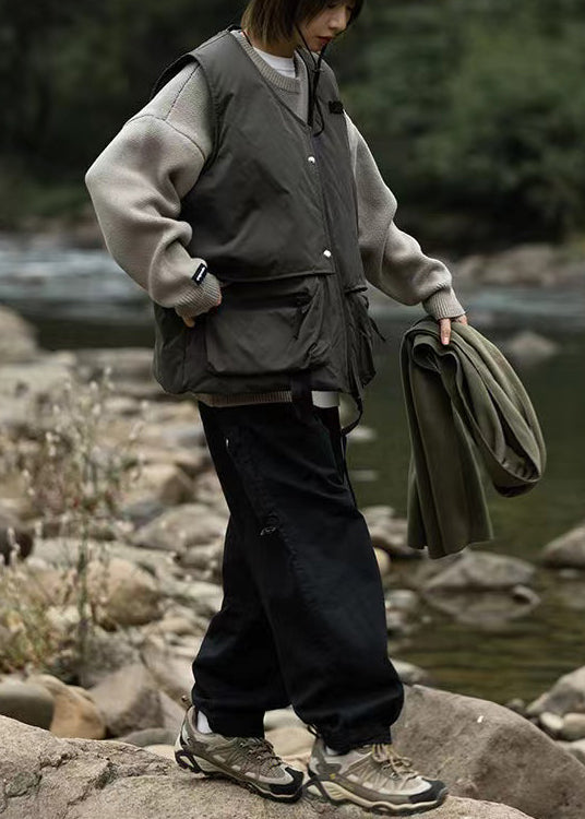 Army Green Oversized Pockets Fine Cotton Filled Vests Clothing Winter
