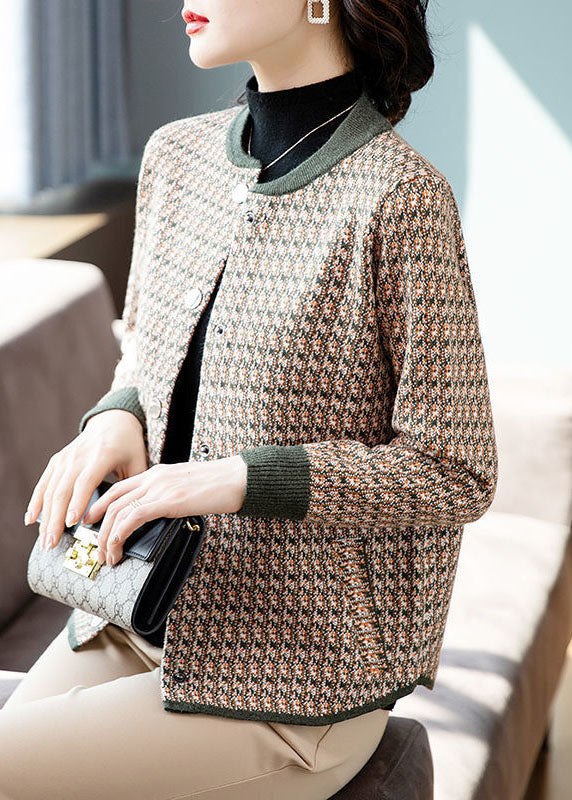 Army Green Patchwork Woolen Coats O-neck Pockets Long Sleeve