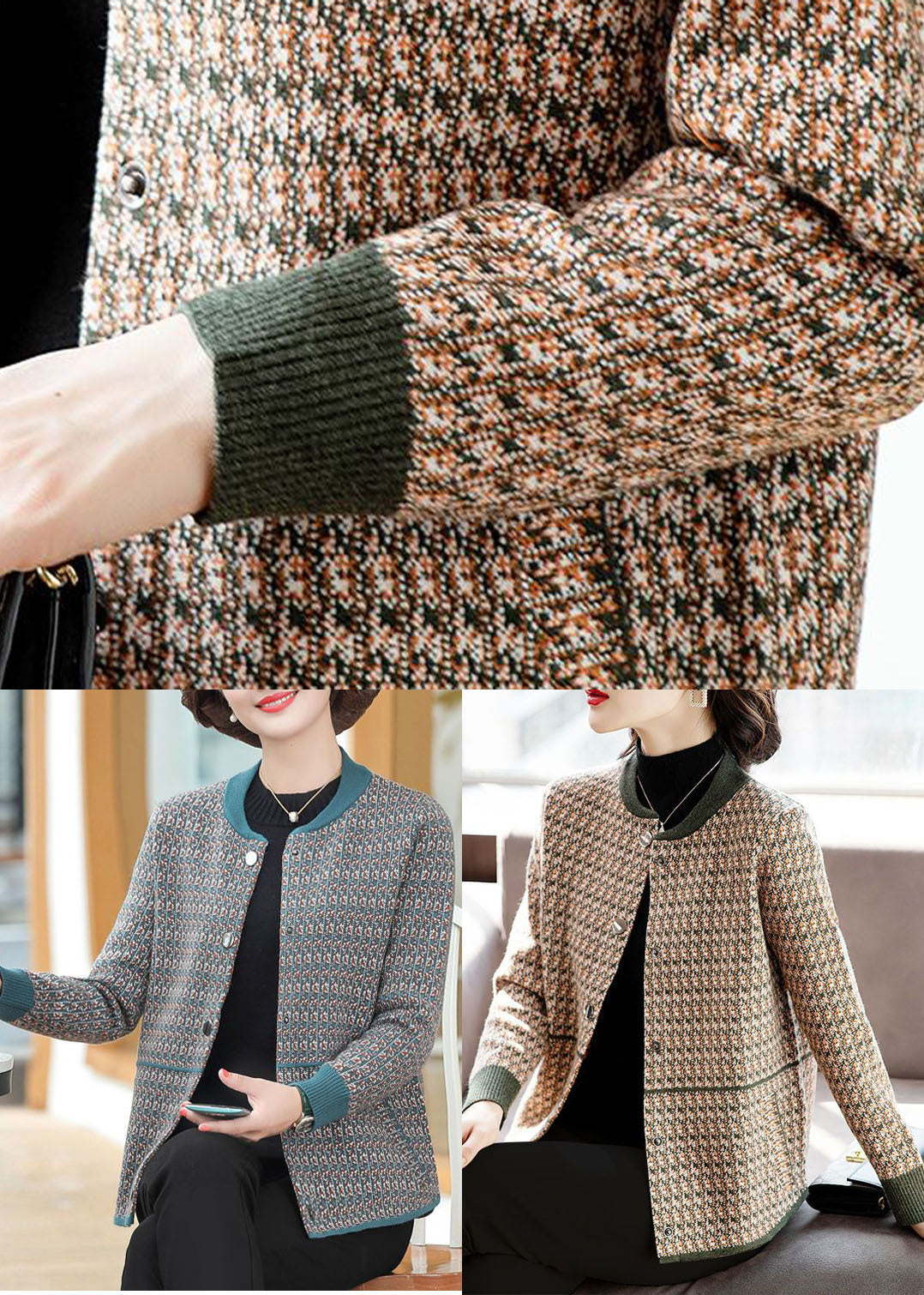 Army Green Patchwork Woolen Coats O-neck Pockets Long Sleeve