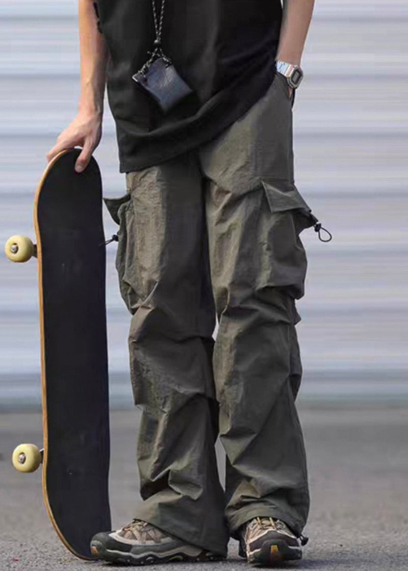 Army Green Pockets Drawstring Cotton Pants Summer