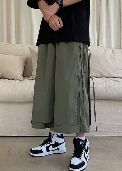 Army Green Pockets Patchwork Cotton Wide Leg Pants High Waist