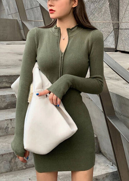 Army Green Knit Sweater Dress Zip Up Spring