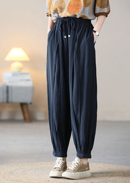Army Green Silk Crop Pants Elastic Waist Wrinkled Fall