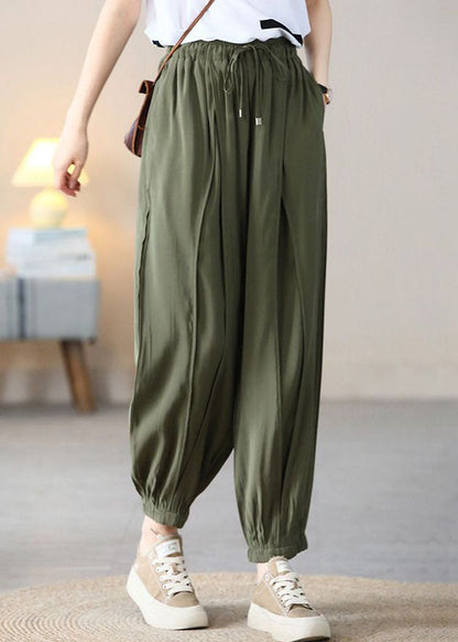 Army Green Silk Crop Pants Elastic Waist Wrinkled Fall