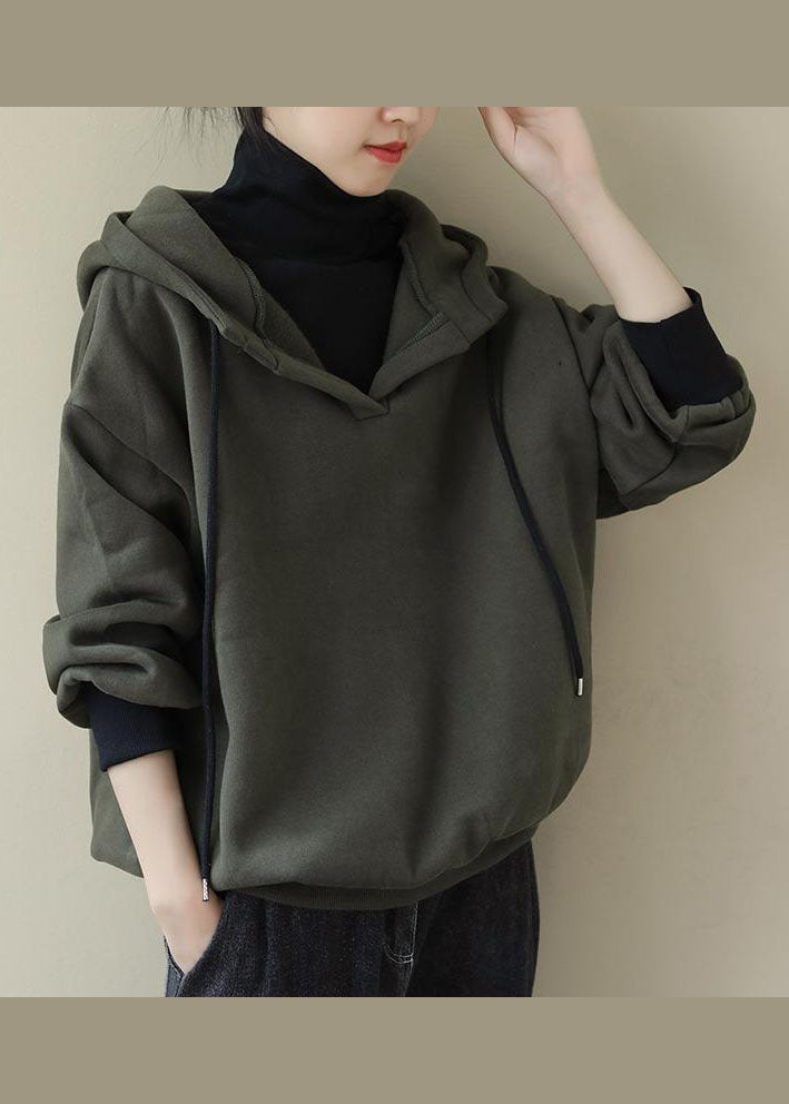 Army Green Drawstring Warm Fleece Sweatshirts Top Spring