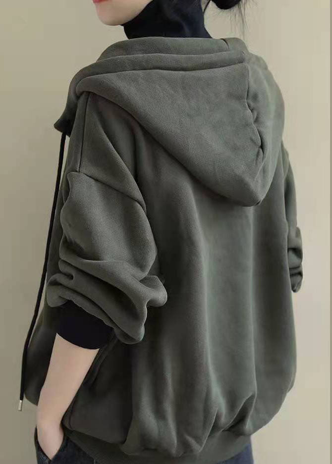 Army Green Drawstring Warm Fleece Sweatshirts Top Spring