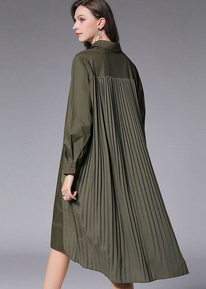 Army Green Wrinkled Cotton Vacation Shirts Dresses Peter Pan Collar Spring